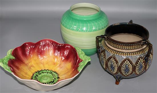 A Doulton Lambeth cauldron-shaped pot, a Shelley vase and a Shorter flower dish